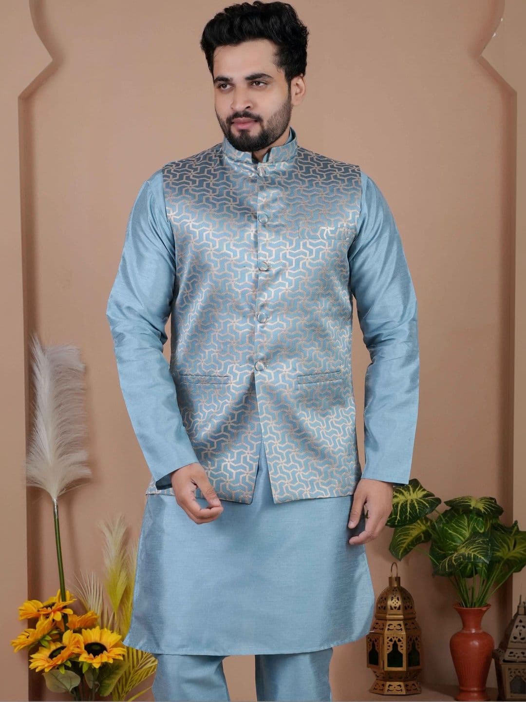 MODERN MUGHALS Woven Design Mandarin Collar Nehru Jackets - view 1