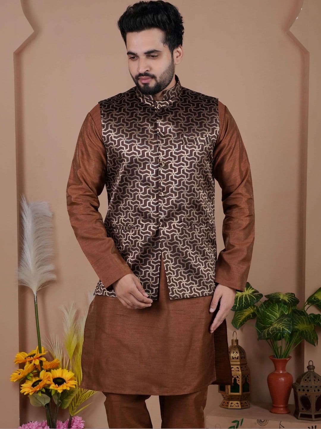 MODERN MUGHALS Woven Design Mandarin Collar Nehru Jackets - view 1