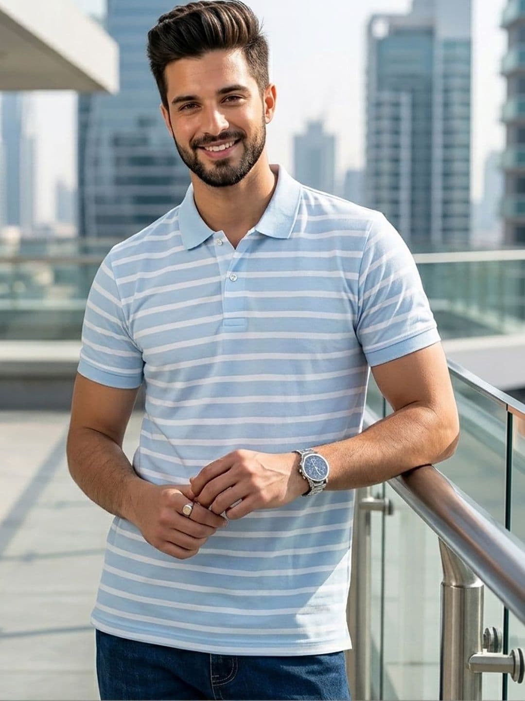 RELANE Men Striped Polo Collar T-shirt - view 1