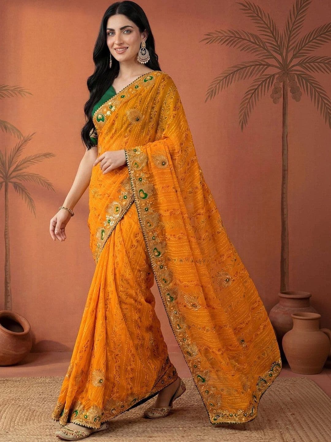 Sangria Embroidered Bandhani Printed & Gota Lace Sarees With Unstitched Blouse Piece - view 1