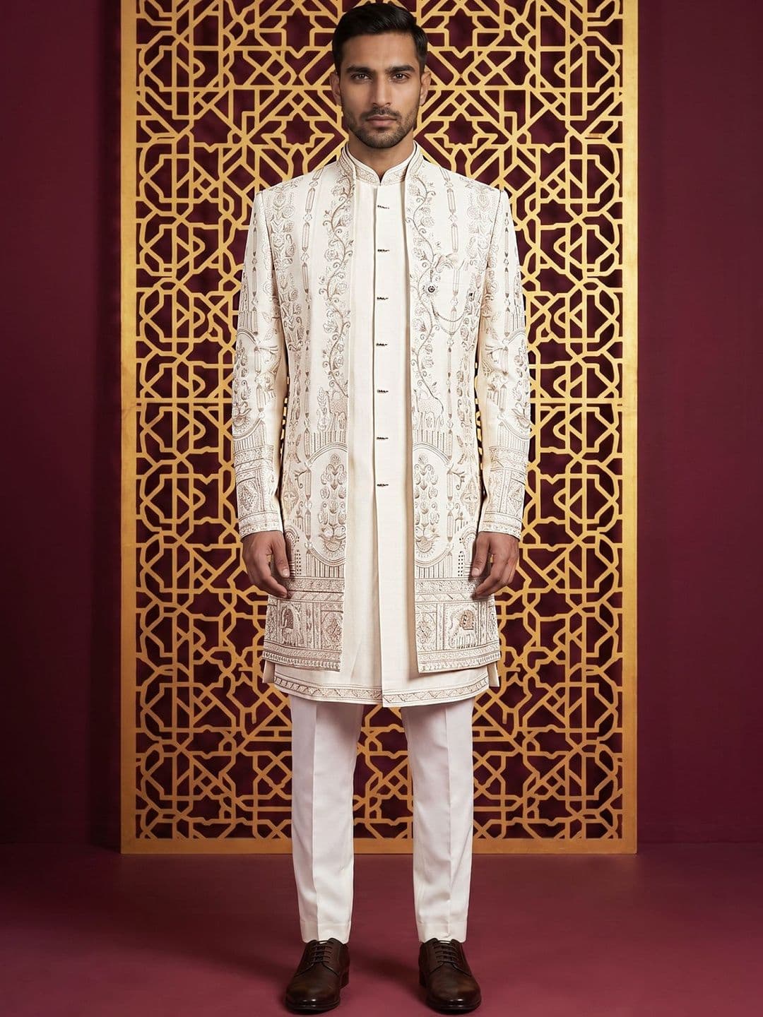 Jompers Embroidered Mandarin Collar Sherwani Set - view 1