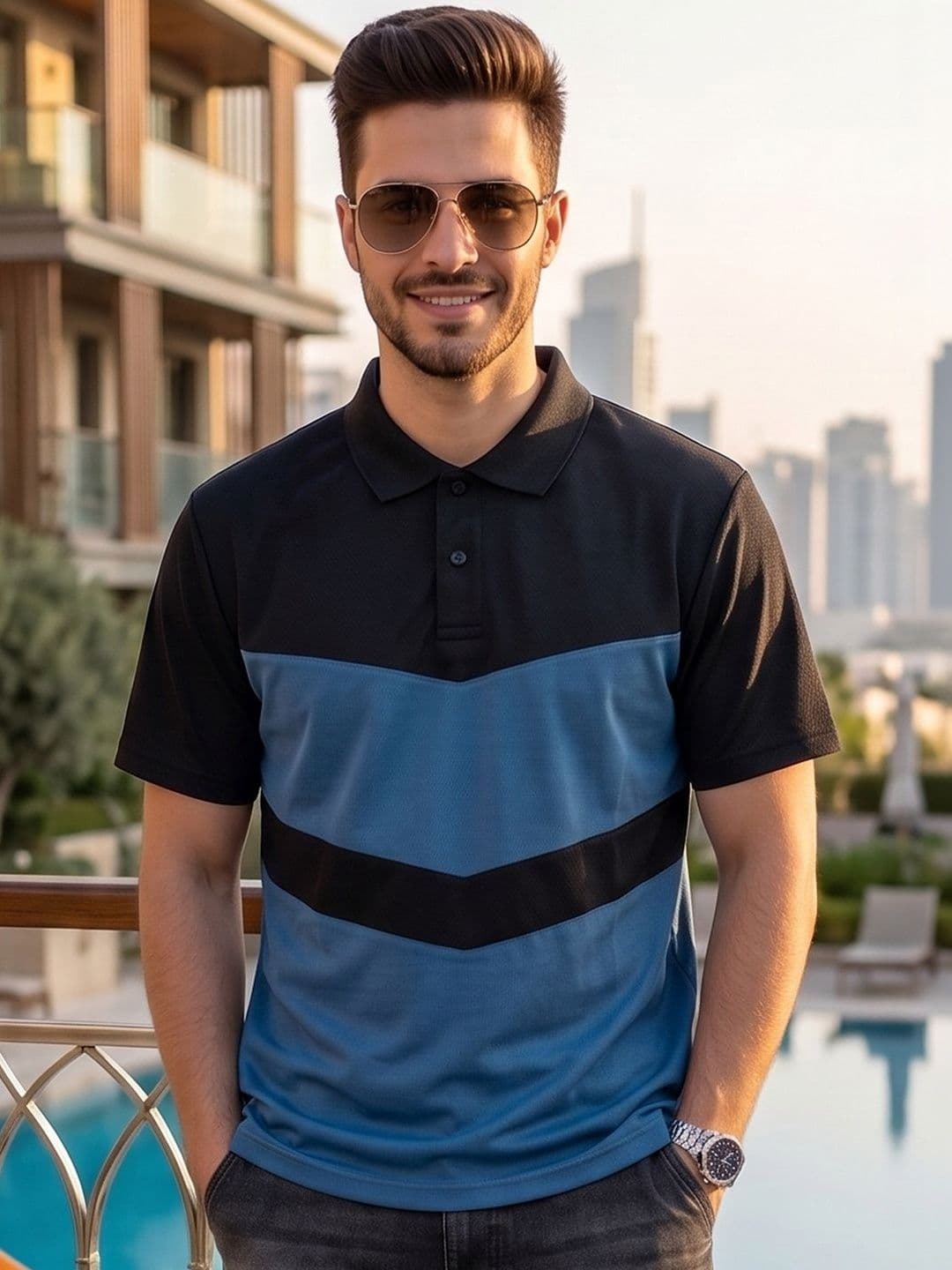 Mast & Harbour Men Colourblocked Polo Collar T-shirt - view 1
