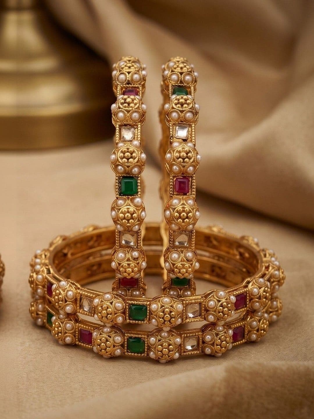 Anouk Set of 4 Gold-Plated Antique Stone Studded & Beaded Bangles - view 1