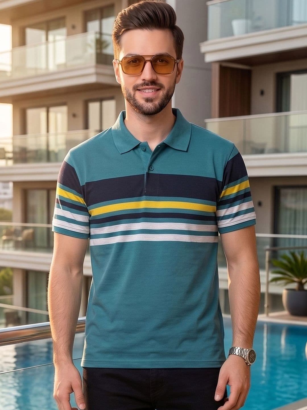 Mast & Harbour Men Striped Polo Collar T-shirt - view 1