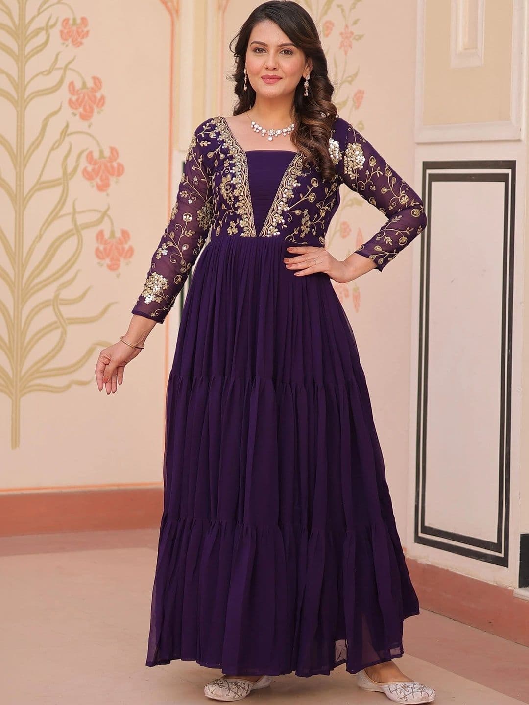 Sangria Embroidered Sequinned Fit & Flare Ethnic Dresses - view 1