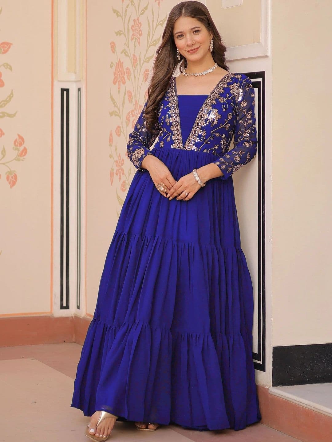 Sangria Ethnic Motifs Embroidered Sequinned Fit & Flare Maxi Ethnic Dress - view 1