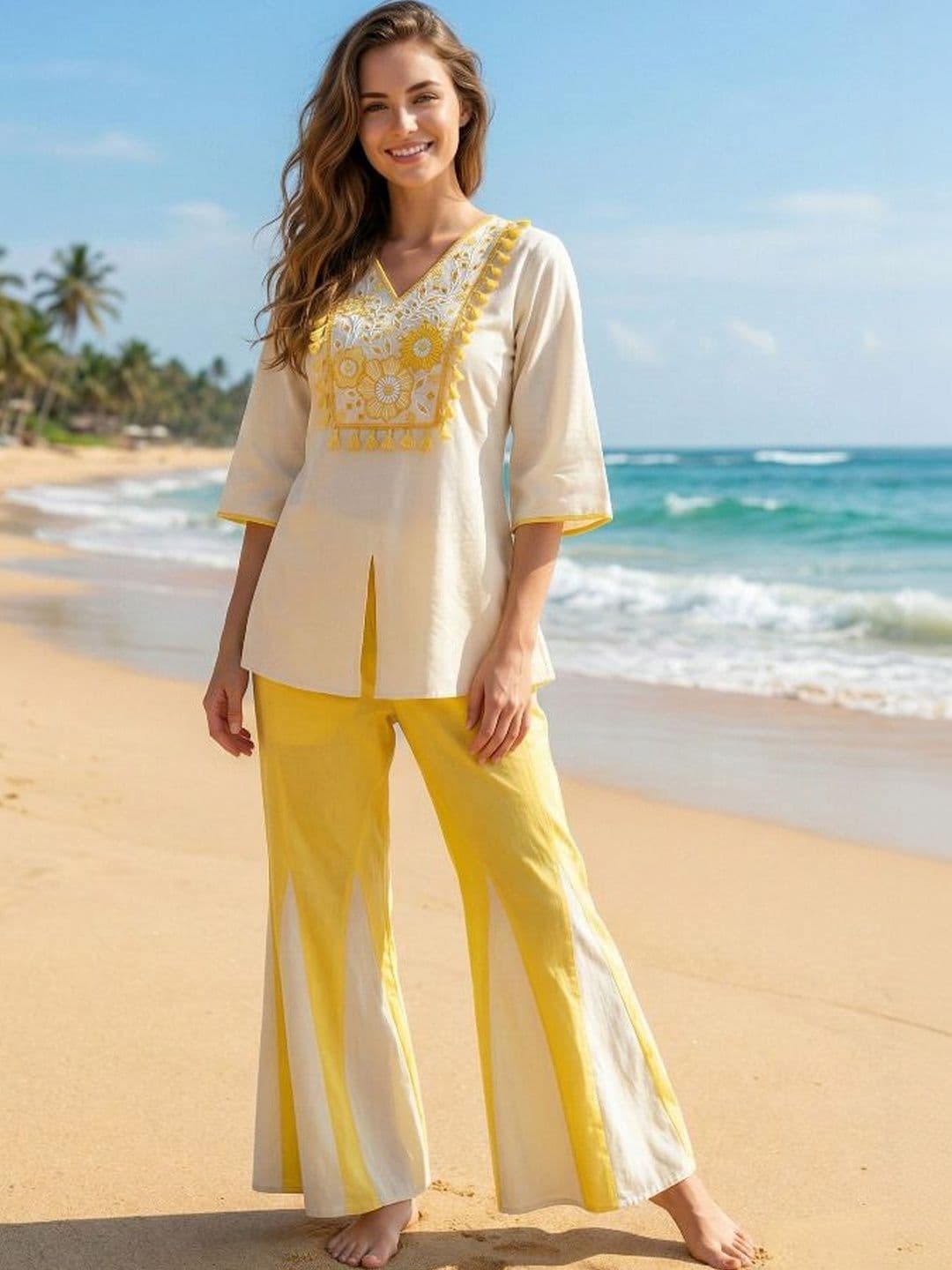 NEW ETHNIC 4 YOU Bohemian Embroidered Top with Palazzos - view 1