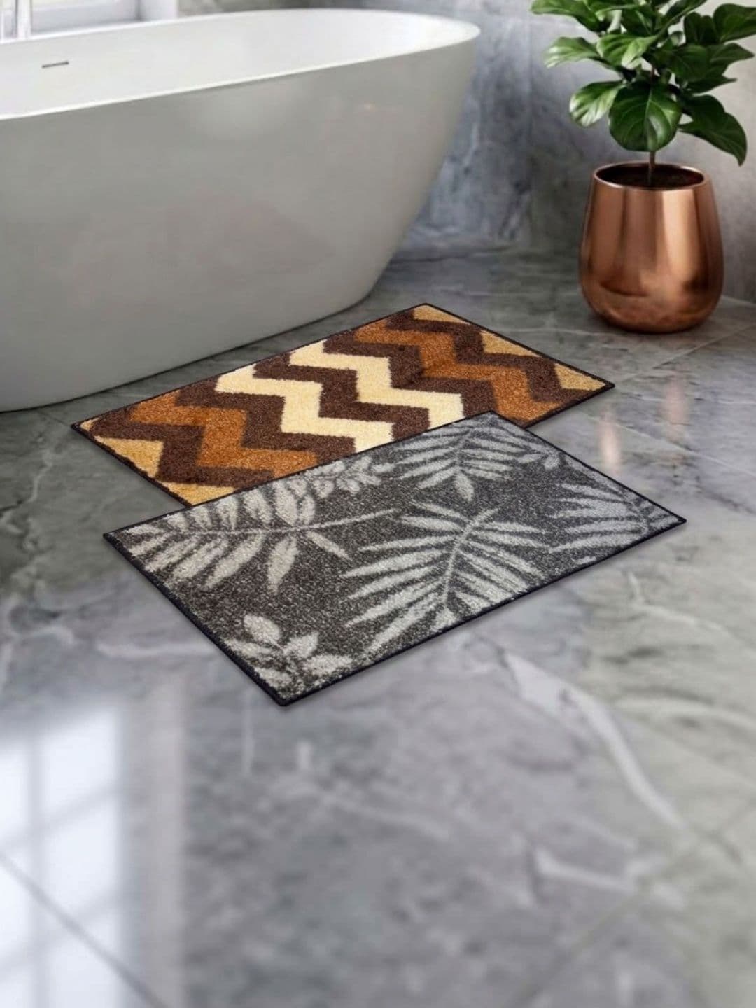 Athom Living Pack Of 2 Grey & Brown Printed Anti Slip Bath Mat - view 1