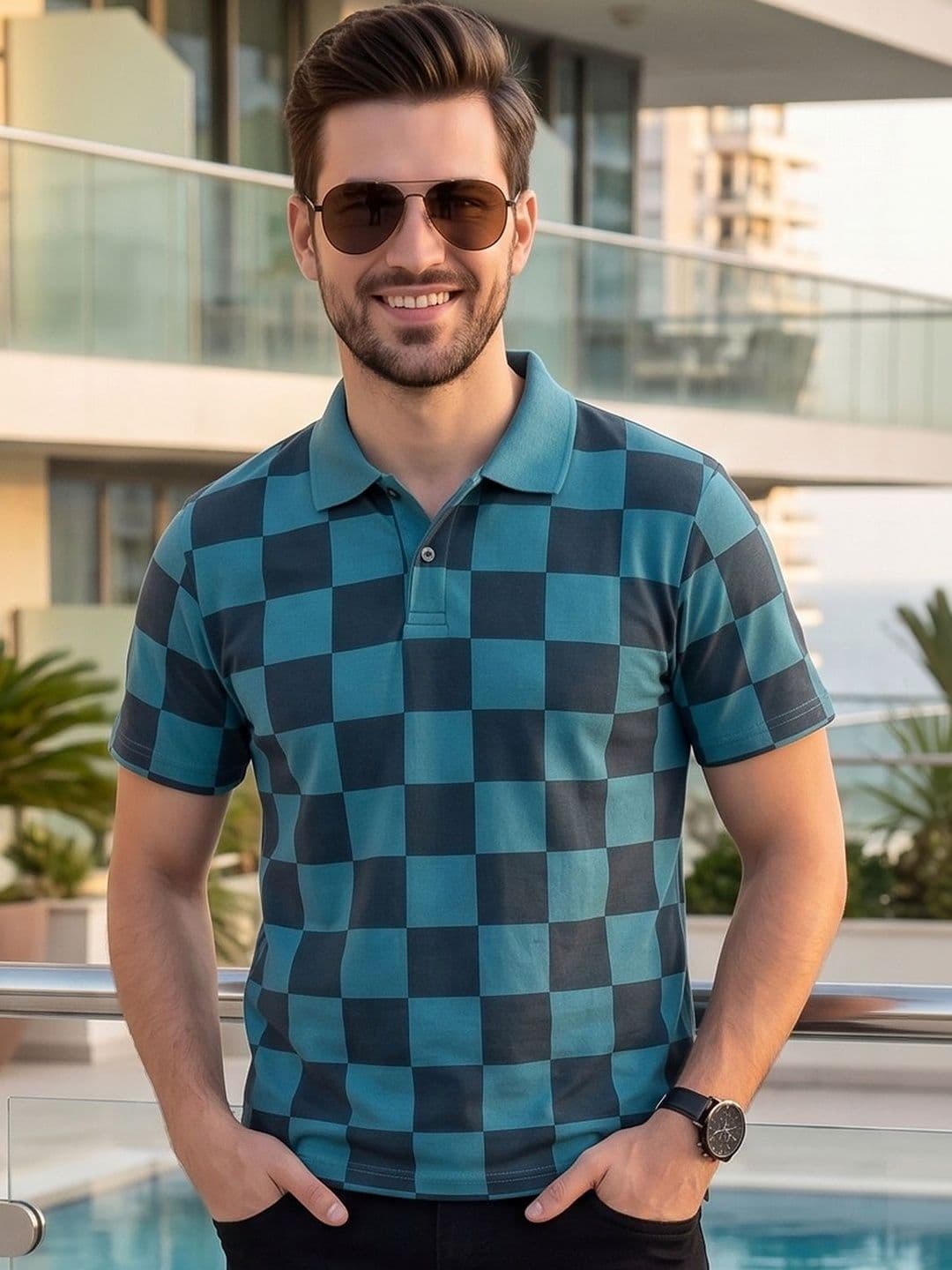 Mast & Harbour Men Checked Polo Collar T-shirt - view 1