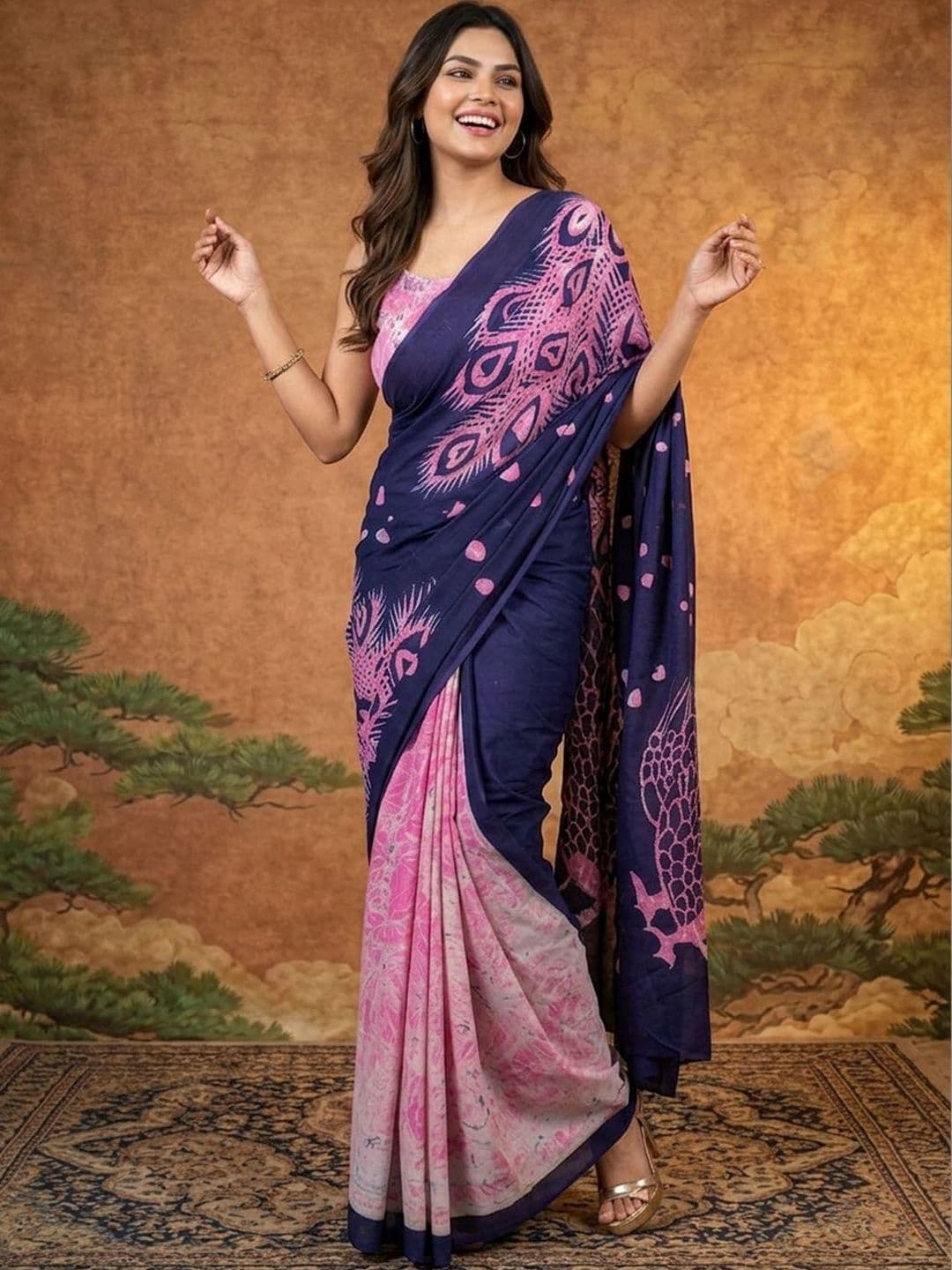 Sangria Ethnic Motifs Pure Cotton Half and Half Saree - view 1