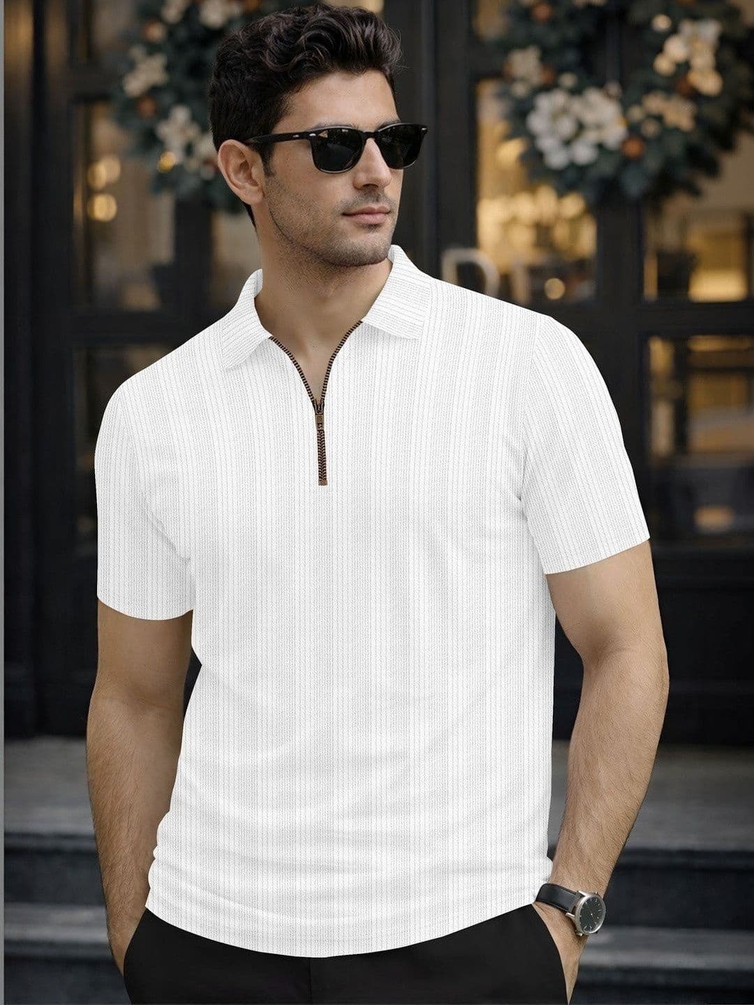 COMBRAIDED Men Striped Polo Collar T-shirt - view 1