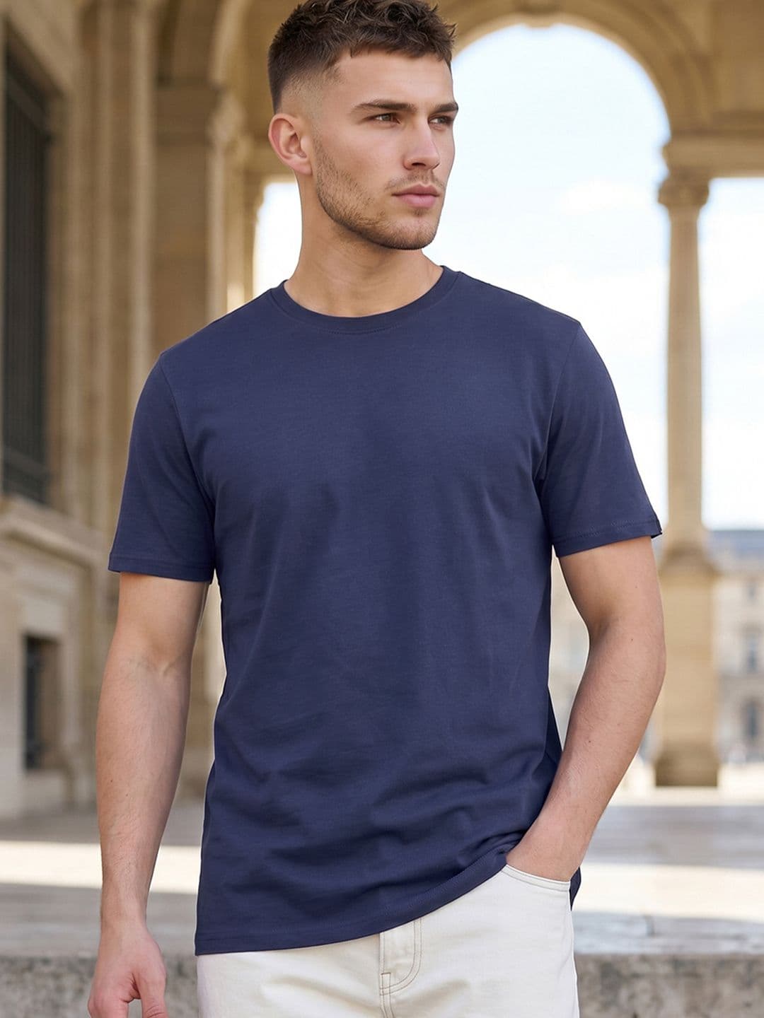 Bewakoof Men Navy Blue Solid Round Neck Pure Cotton T-shirt - view 1