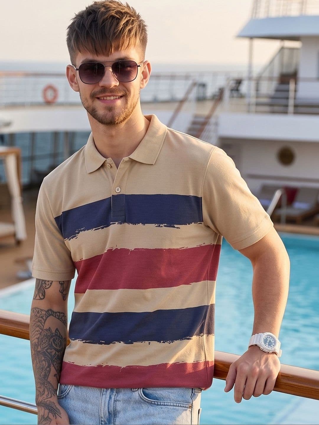Mast & Harbour Men Striped Polo Collar T-shirt - view 1