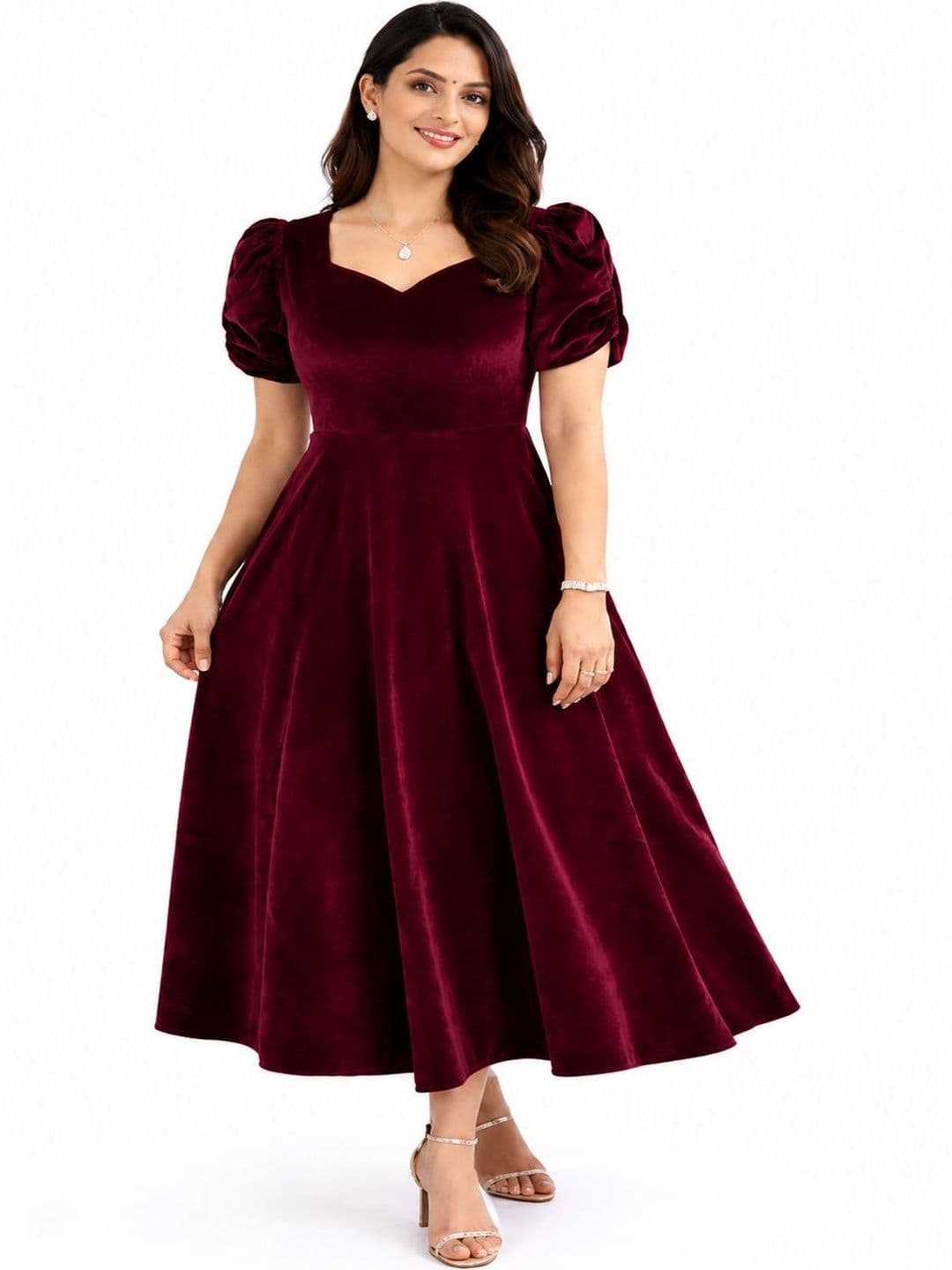 Aumira Puff Sleeve Velvet A-Line Midi Dress - view 1