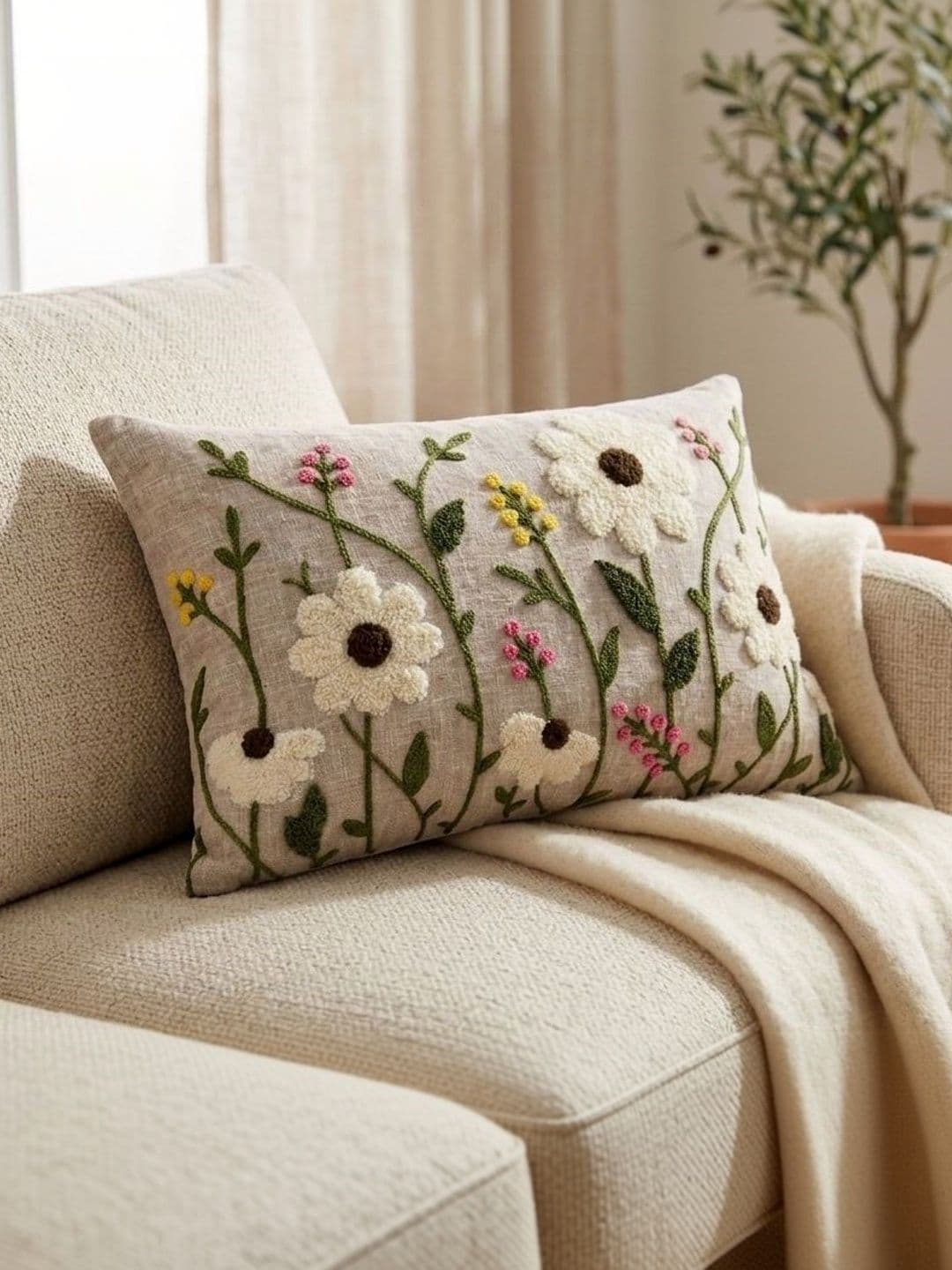 MONKDECOR Beige Floral Linen Rectangle Cushion Covers - view 1