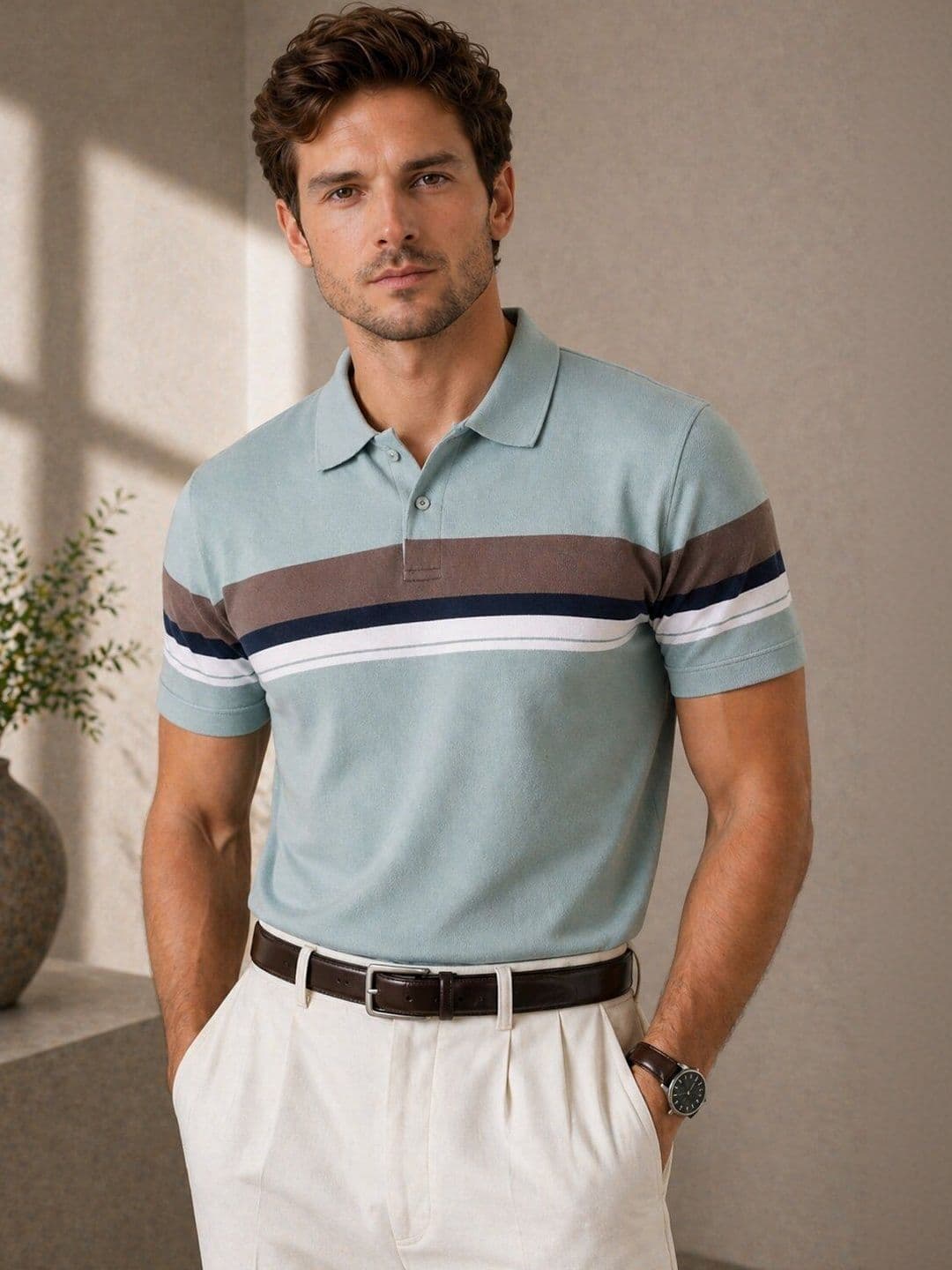 Mentor Men Striped Polo Collar T-shirt - view 1