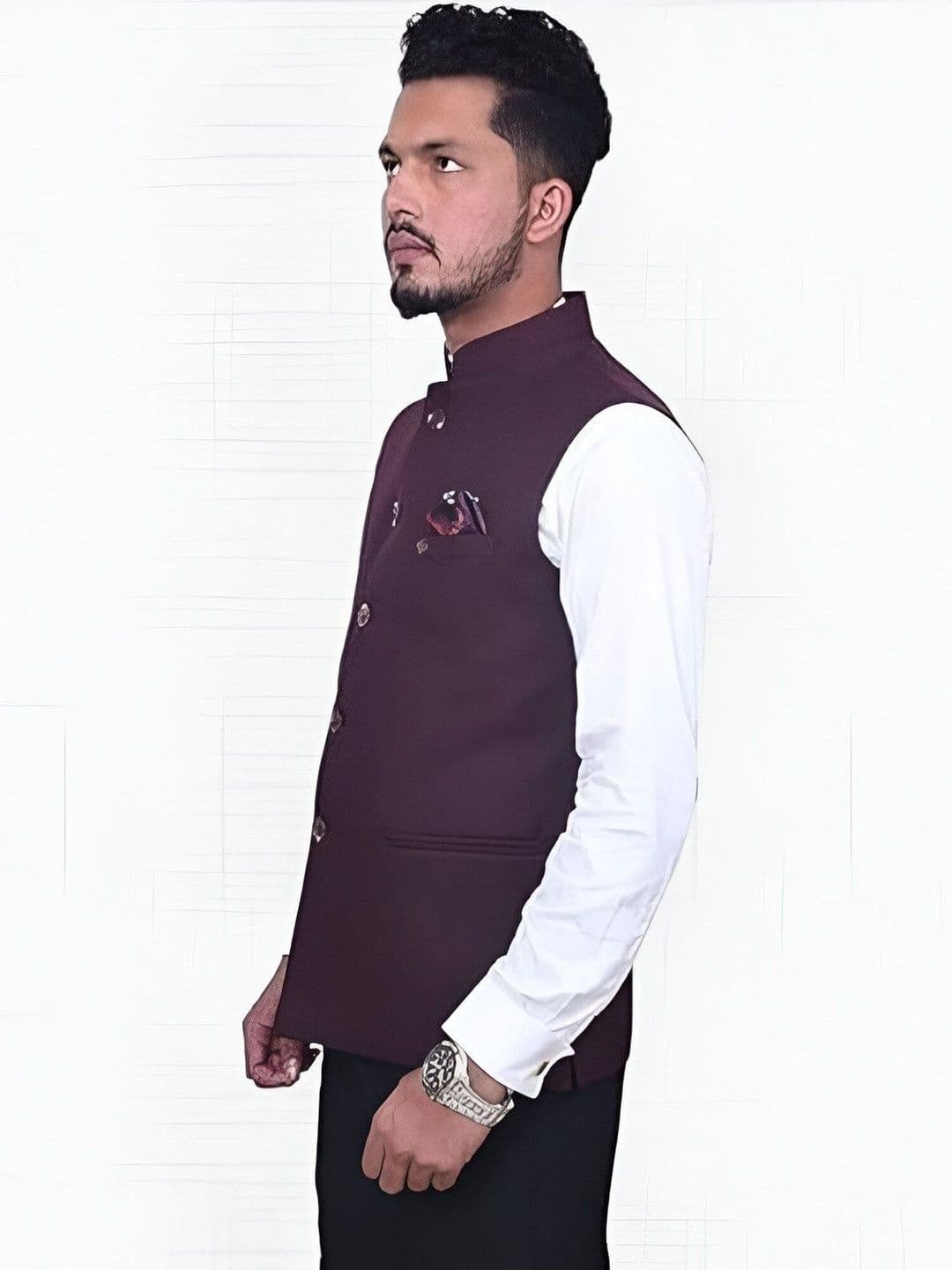 Risani Men Maroon Solid Sleeves Polyester Nehru Jackets - view 1