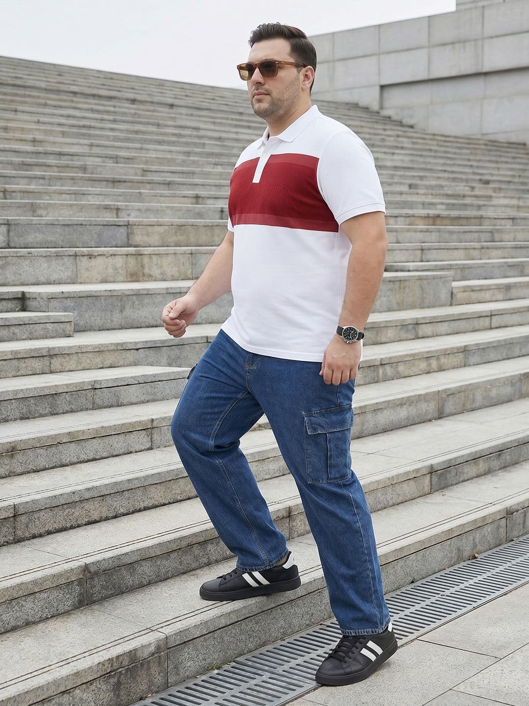 Sztori Plus Size Colourblocked Polo Collar Pure Cotton T-shirt - view 1