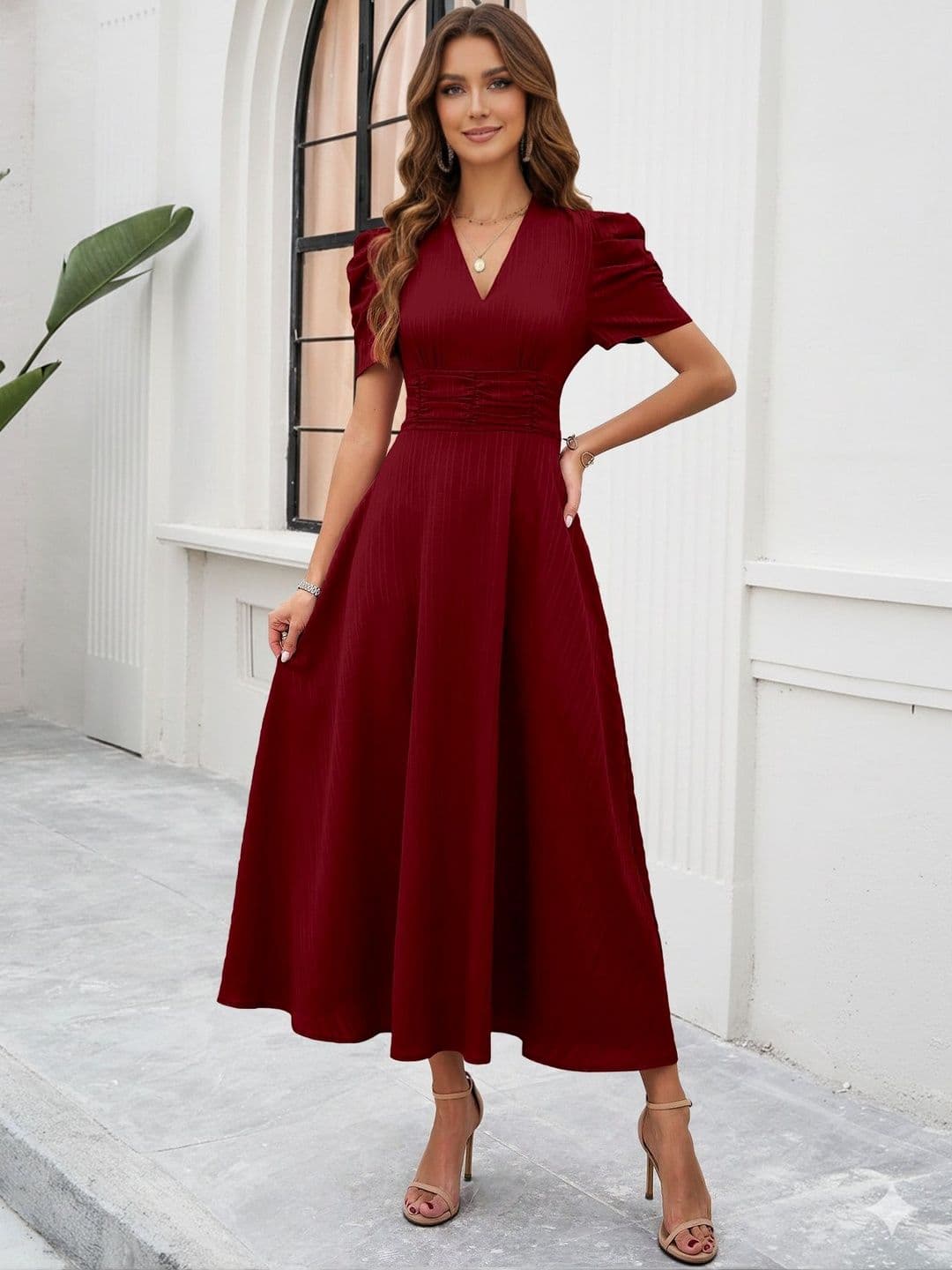 Sugathari Puff Sleeve Fit & Flare Midi Dress - view 1