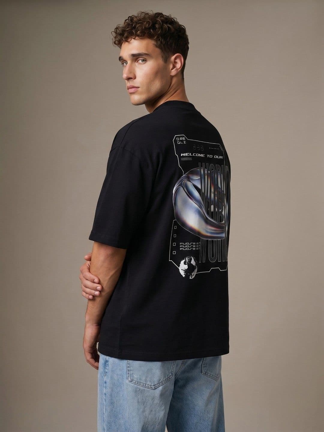 glitchez Welcome to Our World Graphic Printed Oversized Fit T-shirt - view 1