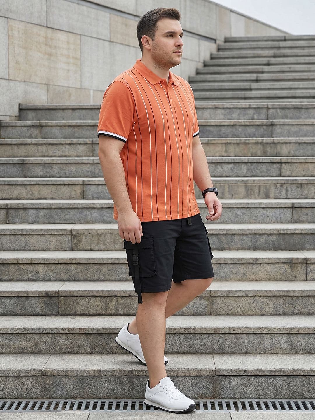 Sztori Plus Size Striped Polo Collar Pure Cotton T-shirt - view 1