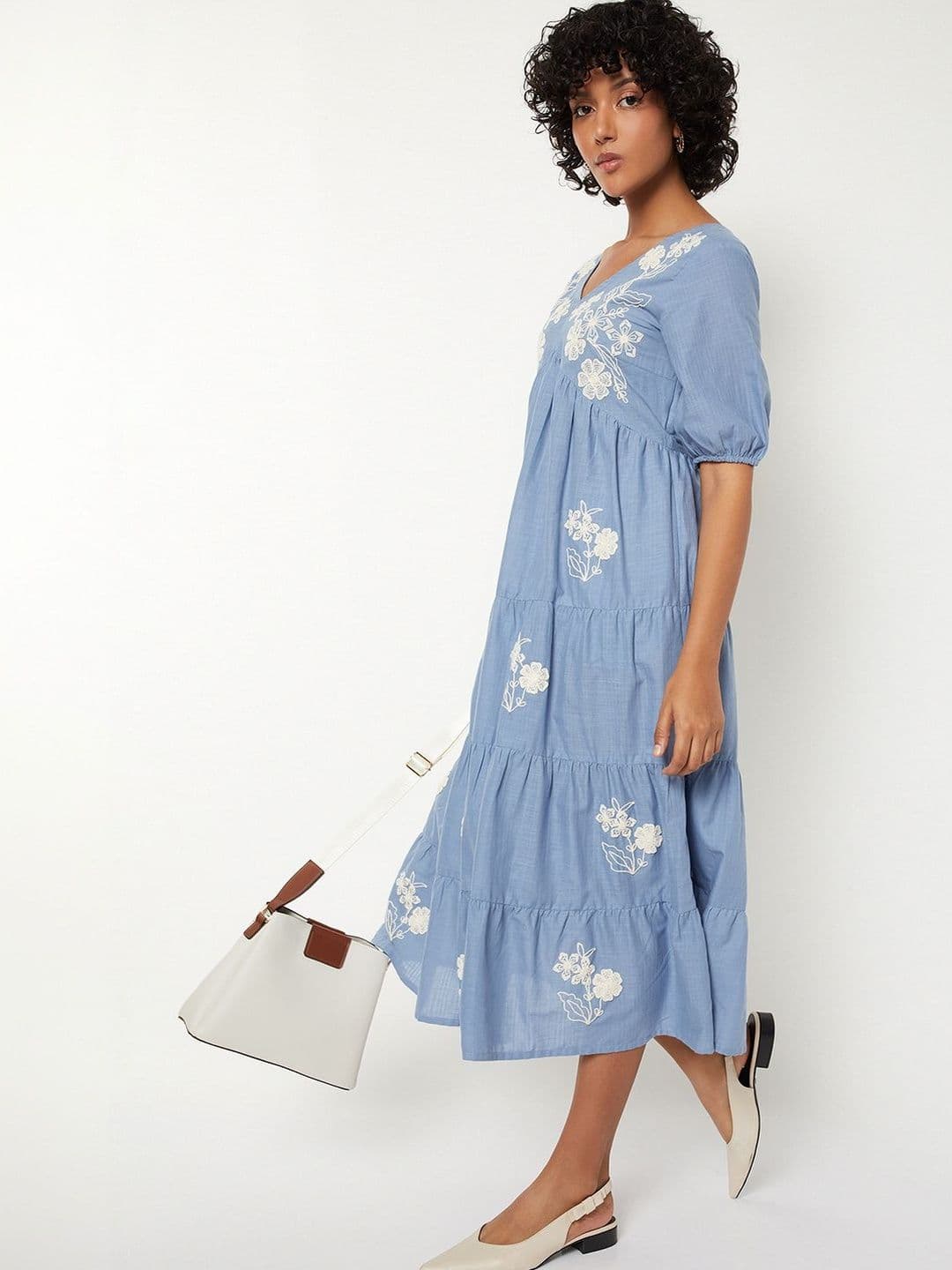 max Floral Embroidered Puff Sleeve A-Line Midi Dress - view 1