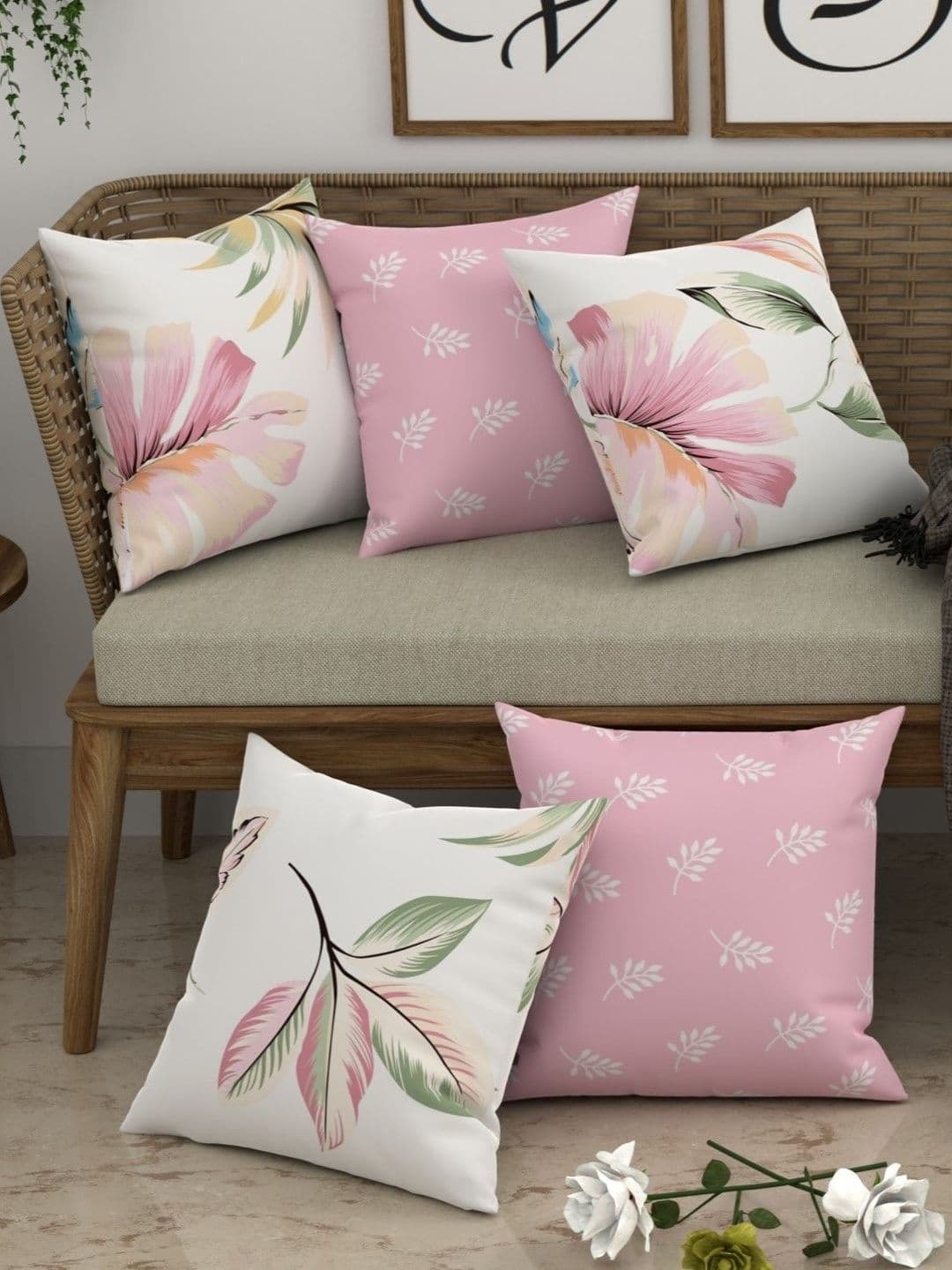 CHHAVI INDIA Off White & Pink Set of 5 Floral Square Cushion Covers - view 1