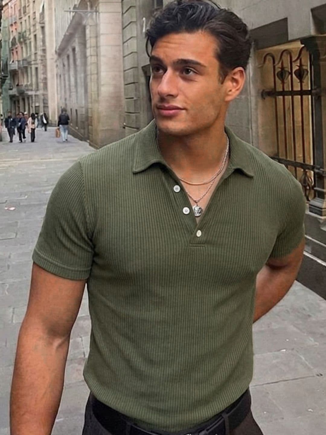 Metronaut Rigo Men Army Green Self-Textured Polycorduroy Cut Away Collar Half Sleeve Polo T-Shirt - view 1