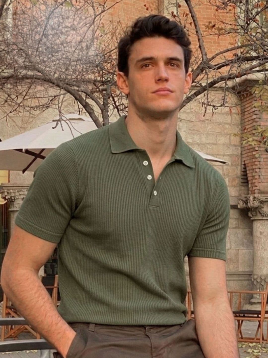 Rigo Men Army Green Self-Textured Polycorduroy Cut Away Collar Half Sleeve Polo T-Shirt - view 1