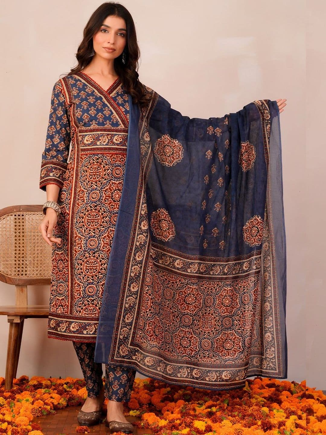 Indo Era Women Ethnic Motifs Printed Angrakha Pure Cotton Kurta with Trousers & With Dupatta - view 1