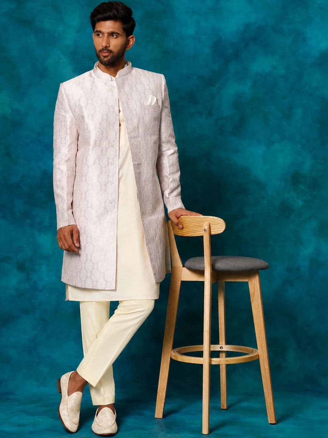 VASTRAMAY Woven Design Mandarin Collar Indo-Western Sherwani Set - view 1