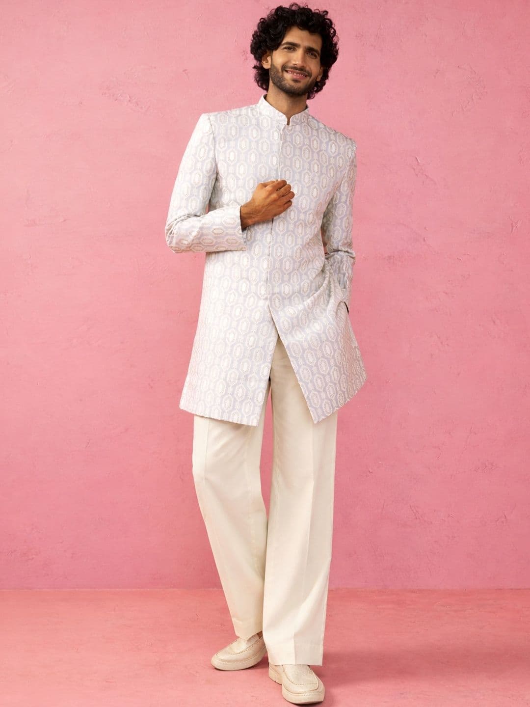 VASTRAMAY Embroidered Mandarin Collar Indo-Western Sherwani Set - view 1