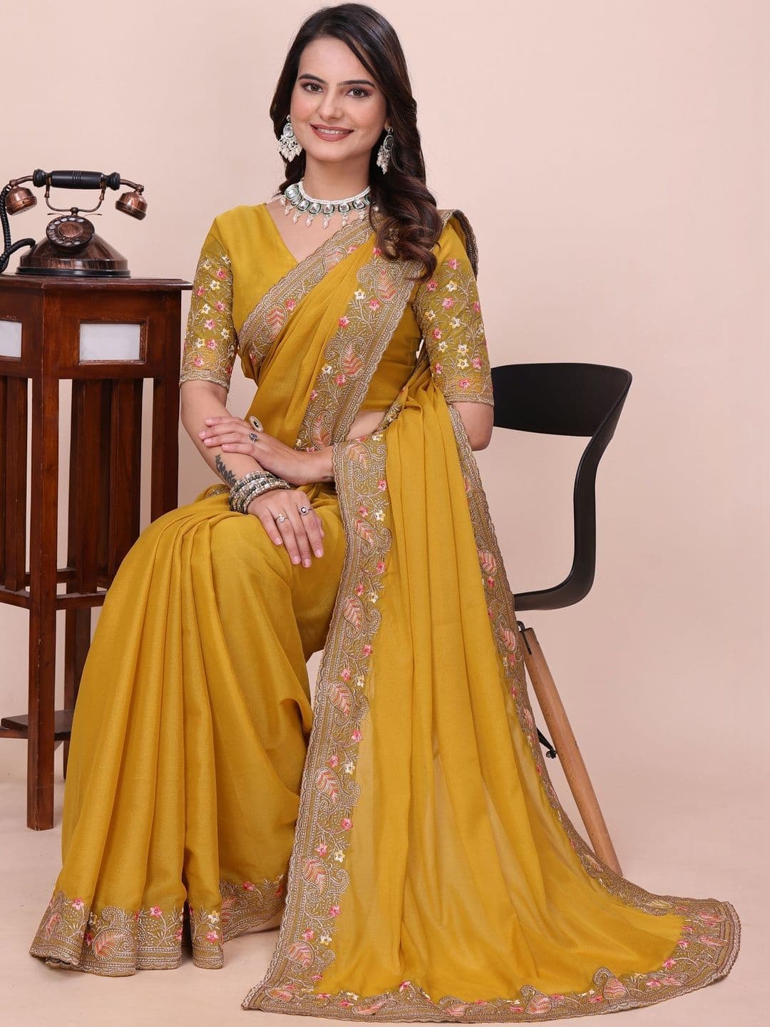 Saanvi Floral Embroidered Poly Georgette Heavy Work Saree - view 1
