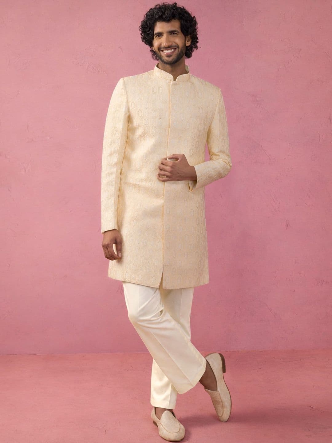 VASTRAMAY Self Design Mandarin Collar Indo-Western Sherwani Set - view 1