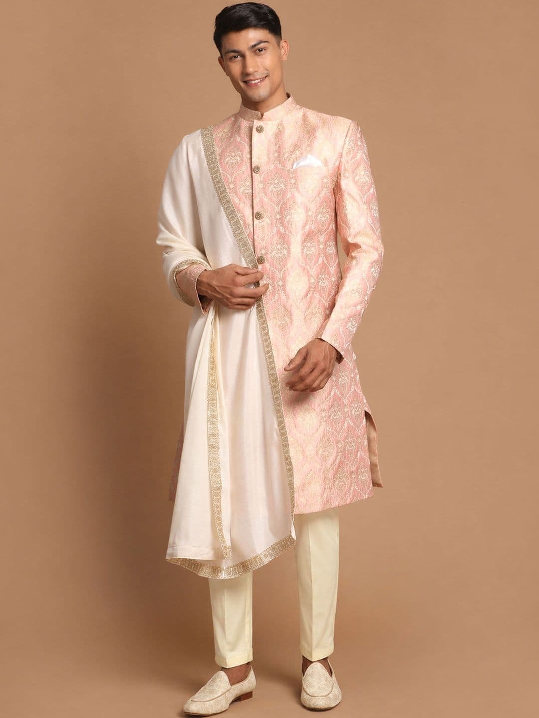 VASTRAMAY Woven Design Mandarin Collar Sherwani Set - view 1