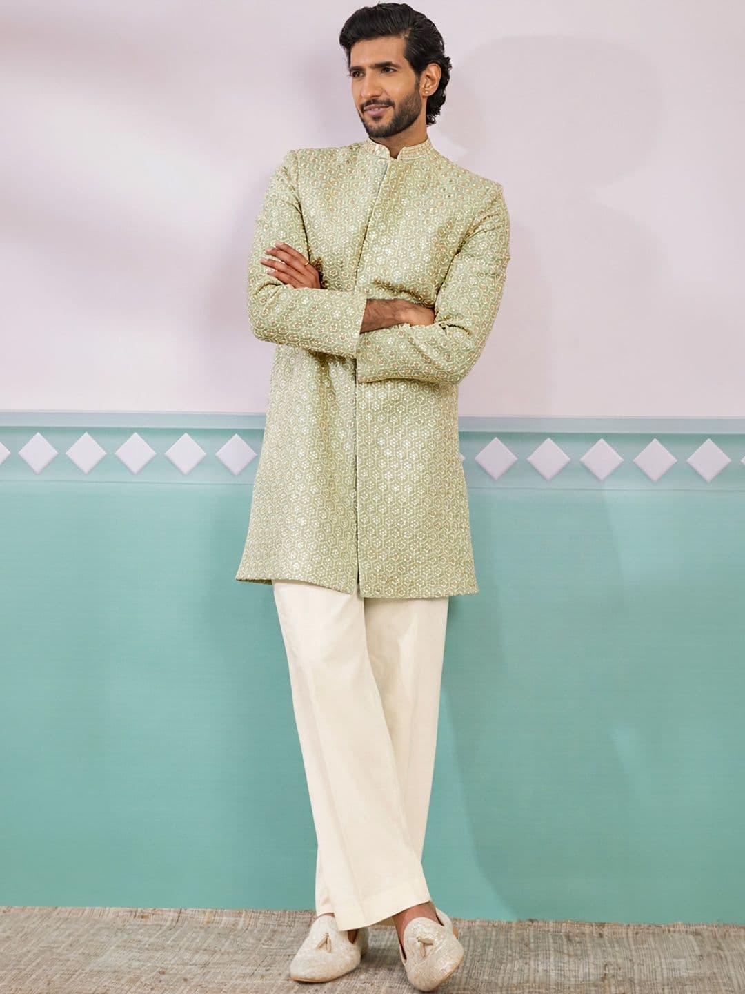 VASTRAMAY Embroidered Mandarin Collar Indo-Western Sherwani Set - view 1