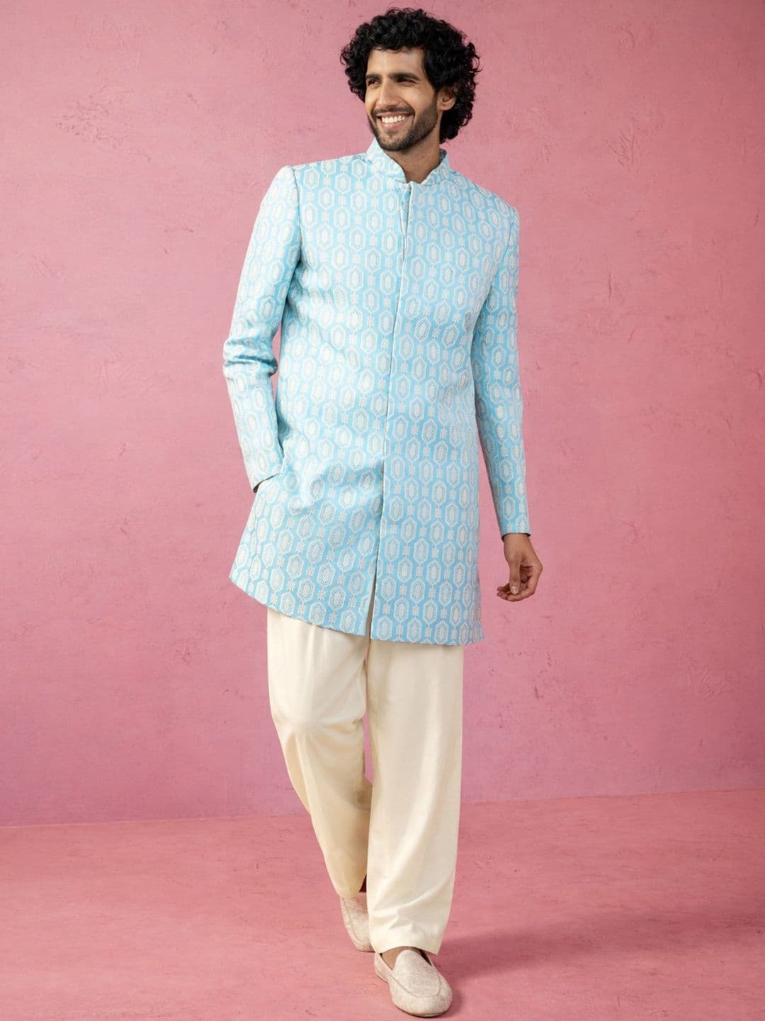 VASTRAMAY Woven Design Mandarin Collar Indo-Western Sherwani Set - view 1