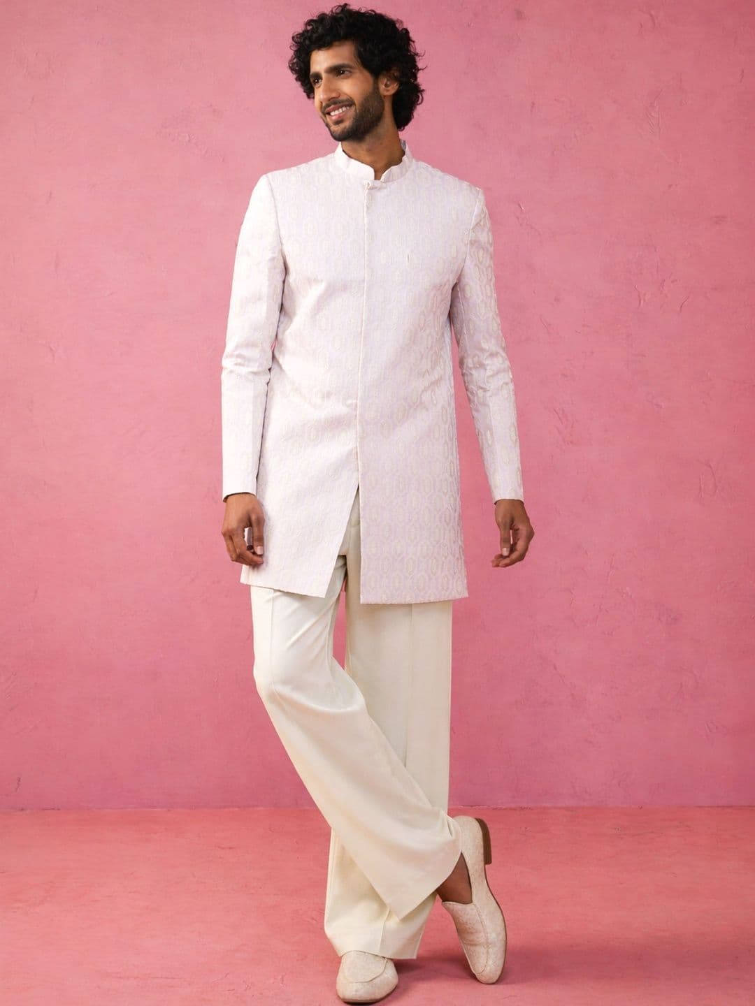 VASTRAMAY Woven Design Mandarin Collar Indo-Western Sherwani Set - view 1