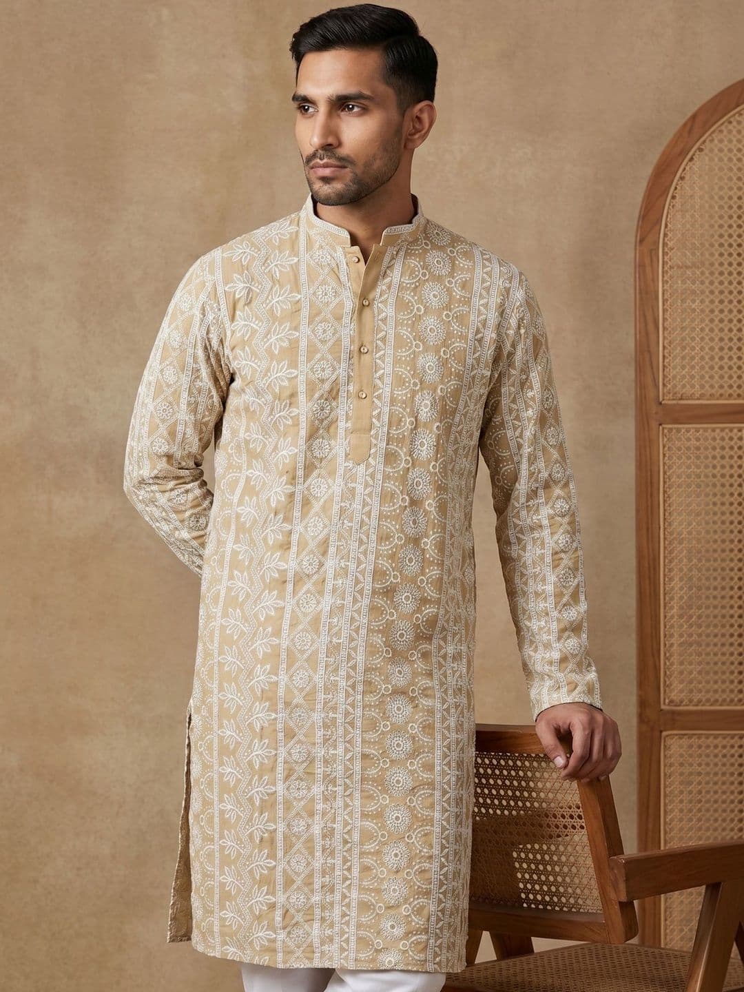 House of Pataudi Embroidered Mandarin Collar Knee Length Straight Kurtas - view 1