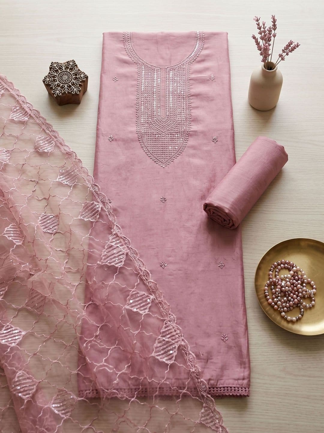 Meena Bazaar Embroidered Pure Silk Unstitched Dress Material - view 1