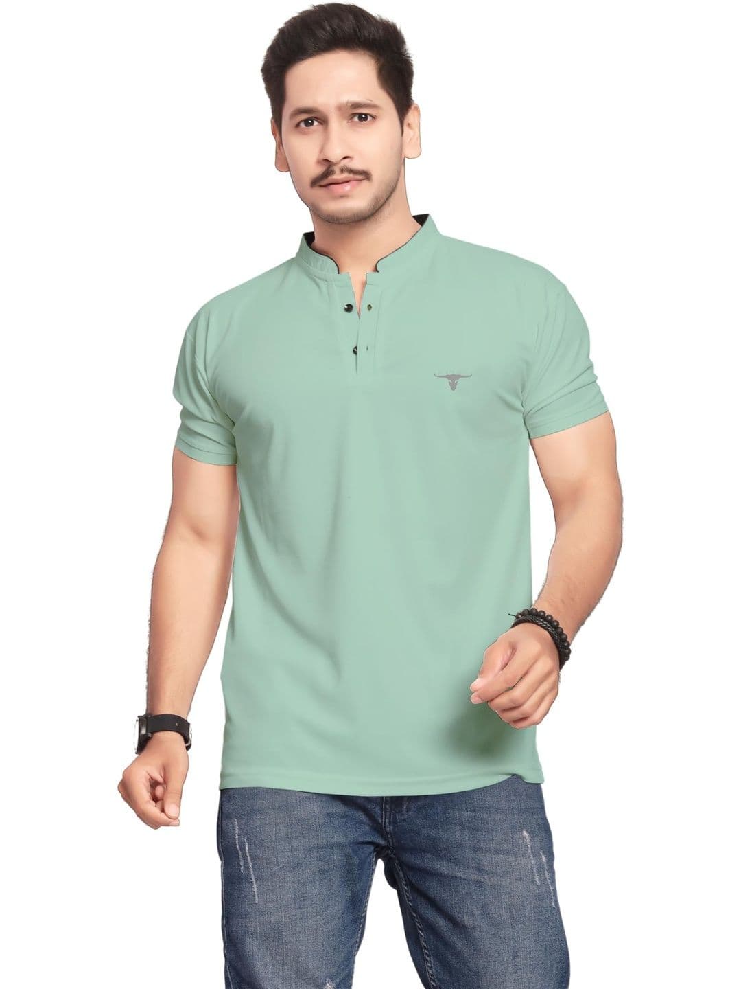 U and J Men Brand Logo Mandarin Collar T-shirt - view 1