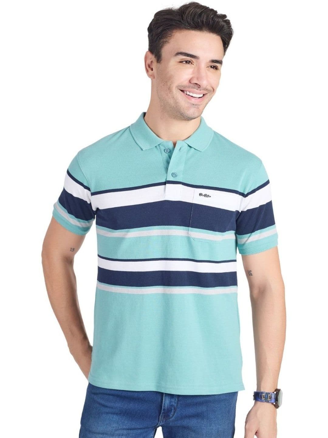 PRORIDERS Men Striped Polo Collar Pockets T-shirt - view 1