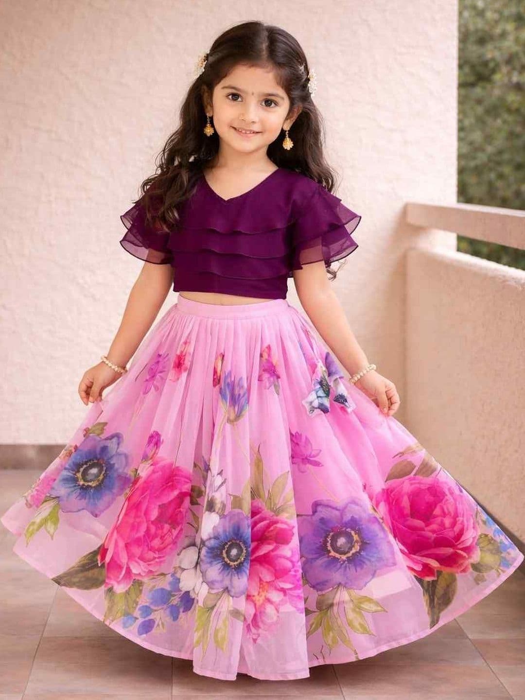Sangria Girls Printed V-Neck Flared Lehenga Choli - view 1