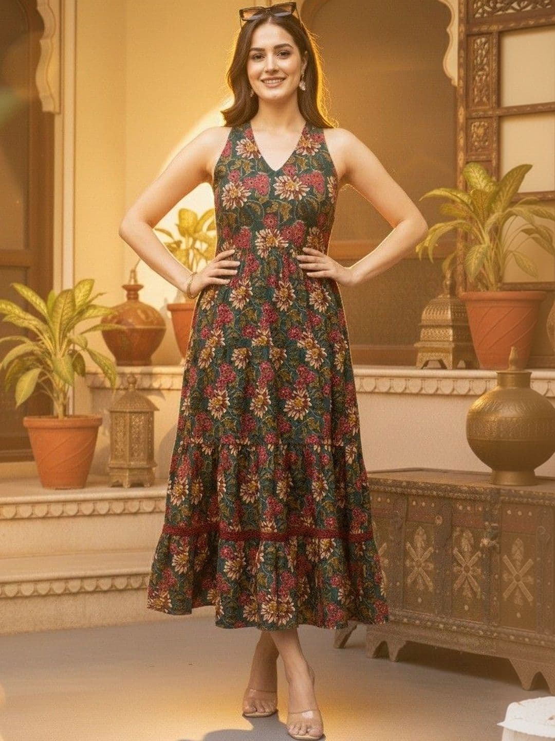 Demirner Women Floral Printed Halter Neck A-Line Ethnic Dress - view 1