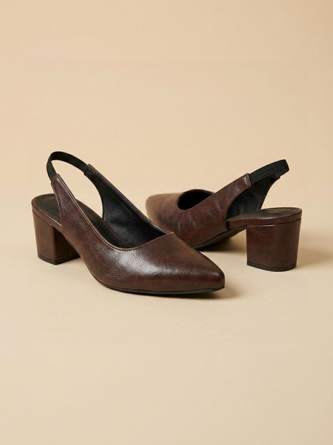 Shoesphere Women Brown Textured Block Pumps - view 1
