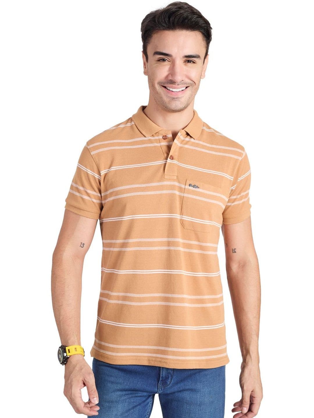PRORIDERS Men Striped Polo Collar Pockets T-shirt - view 1