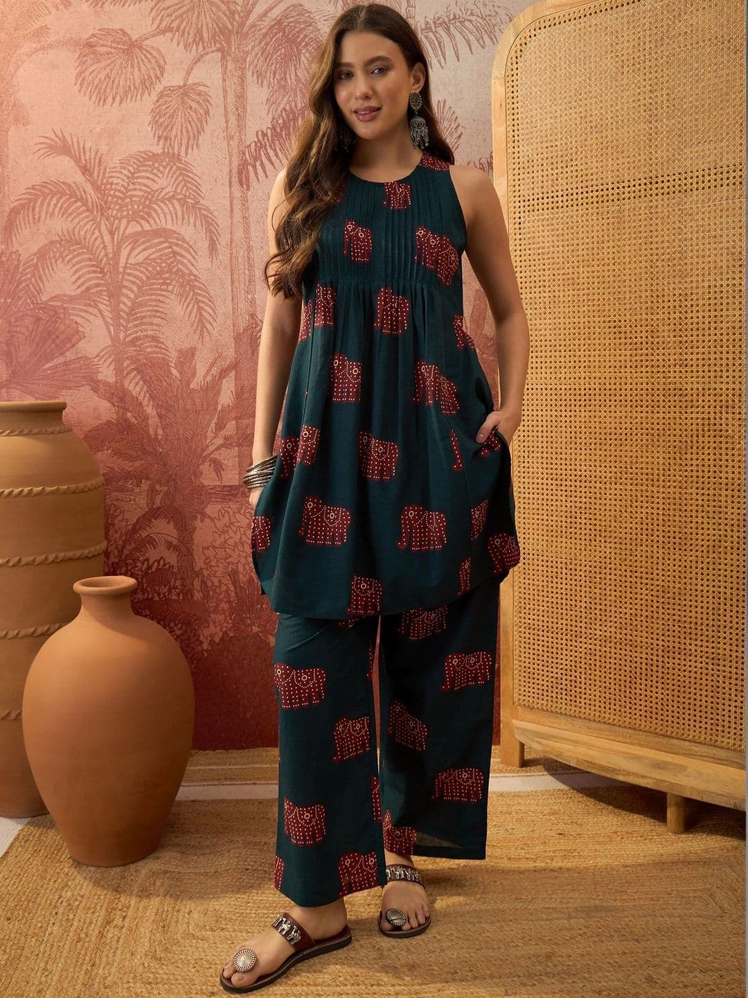 Sangria Romantic Florals Cotton Printed Tunic with Palazzos - view 1