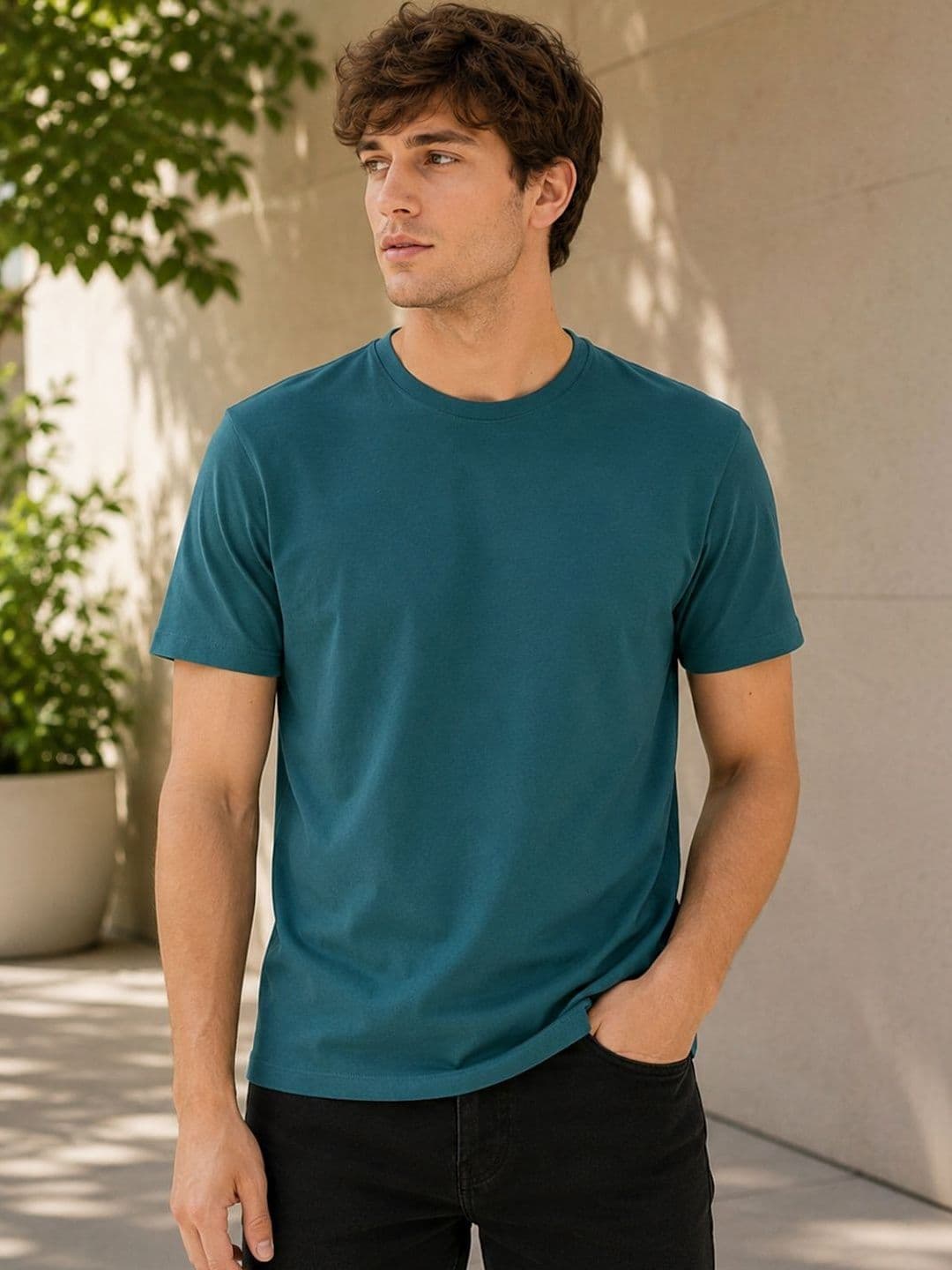 Mast & Harbour Rigo Men Teal Soild Round Neck Regular Fit Cotton T-shirt - view 1