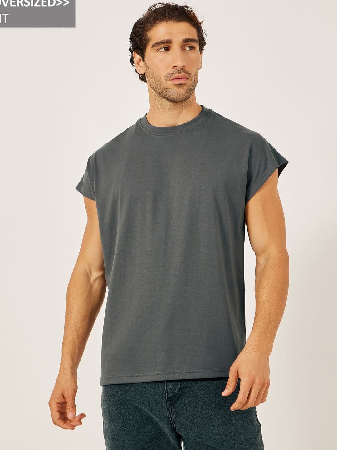 Styli Men Charcoal Solid Cap Sleevele Crew Neck Oversized T-Shirt - view 1