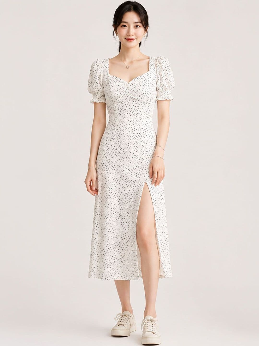 DressBerry Polka Dot Print Puff Sleeve Sheath Midi Dress - view 1